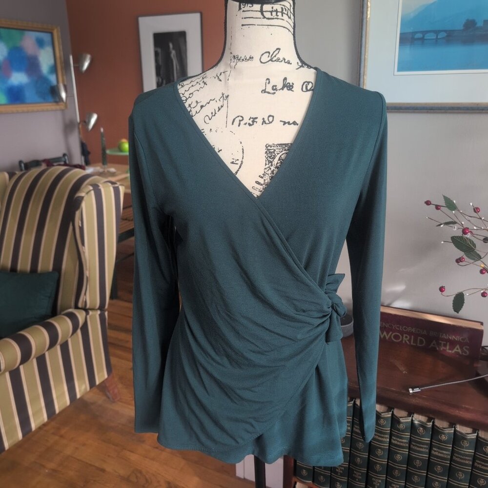 Betabrand Blouse Women’s Green Faux Wrap Long Sleeve Top Stretch V Neck NWOT Sz